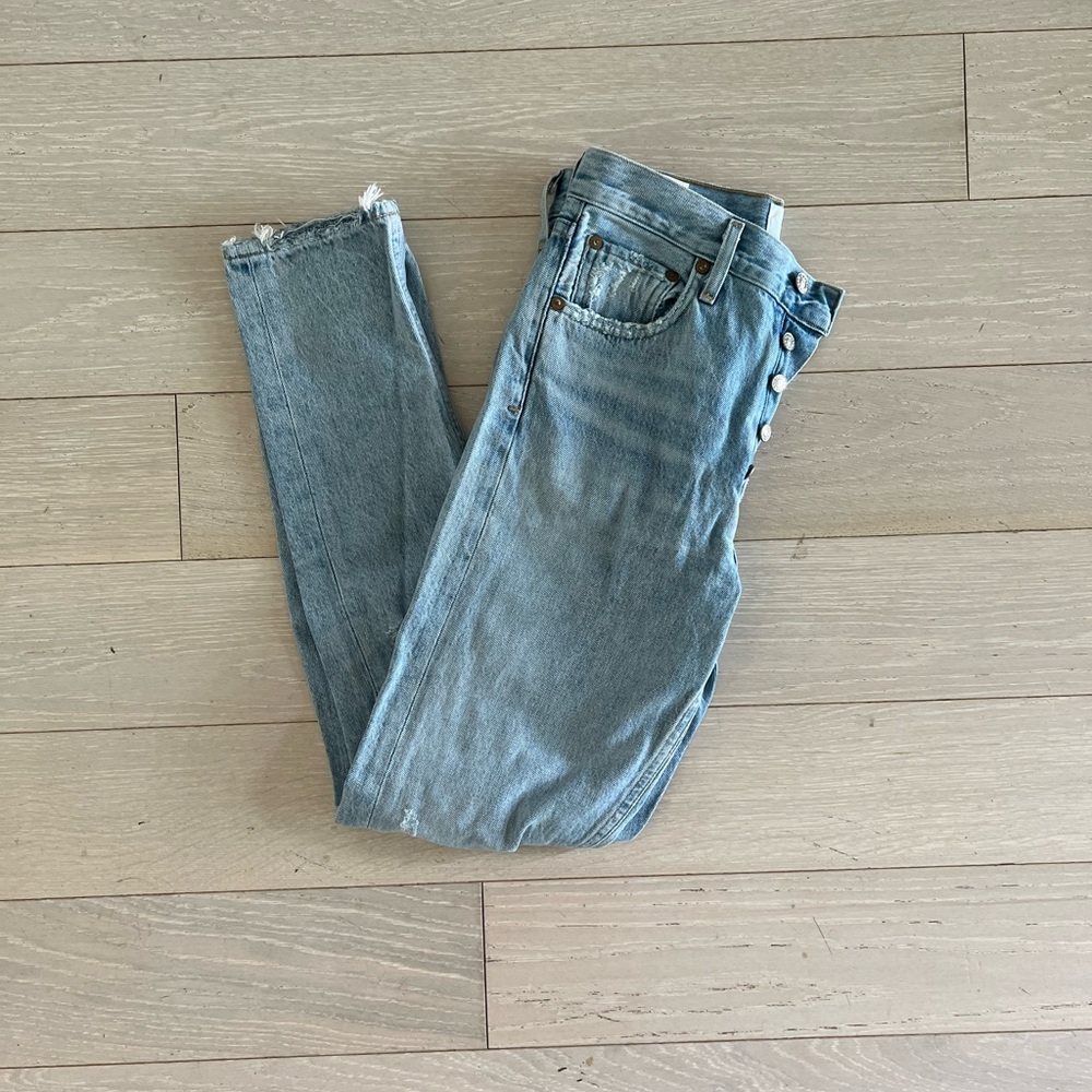 Agolde Denim Blue Skinny Jeans with Button Accents